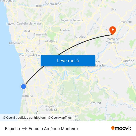 Espinho to Estádio Américo Monteiro map