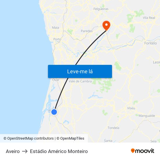 Aveiro to Estádio Américo Monteiro map