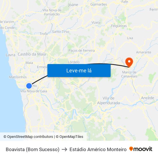 Boavista (Bom Sucesso) to Estádio Américo Monteiro map