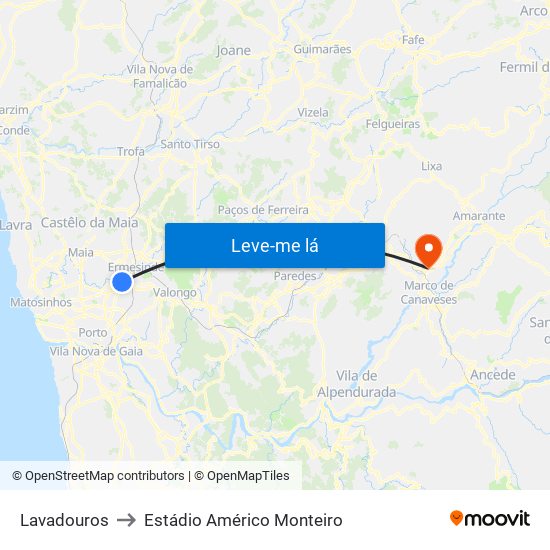 Lavadouros to Estádio Américo Monteiro map