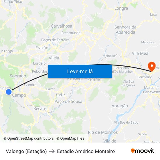 Valongo (Estação) to Estádio Américo Monteiro map