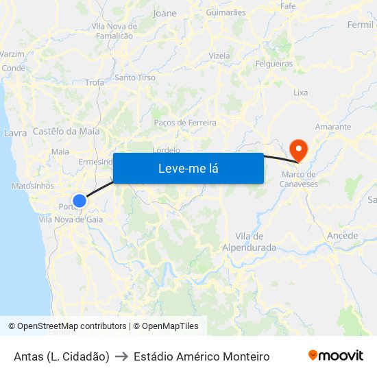 Antas (L. Cidadão) to Estádio Américo Monteiro map