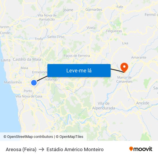 Areosa (Feira) to Estádio Américo Monteiro map