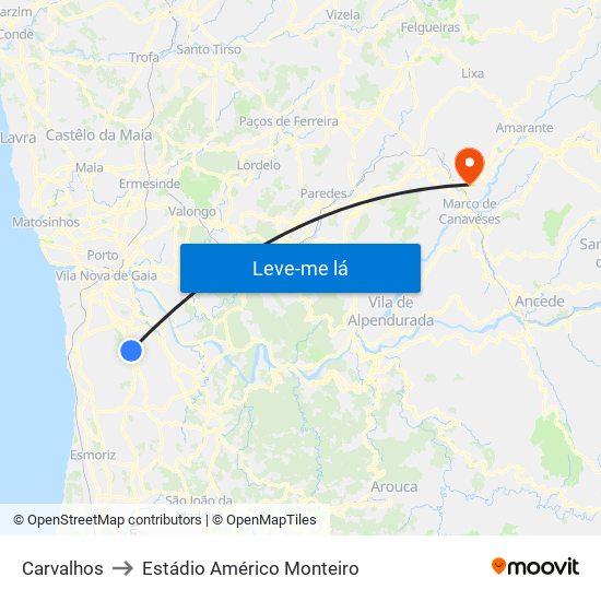 Carvalhos to Estádio Américo Monteiro map