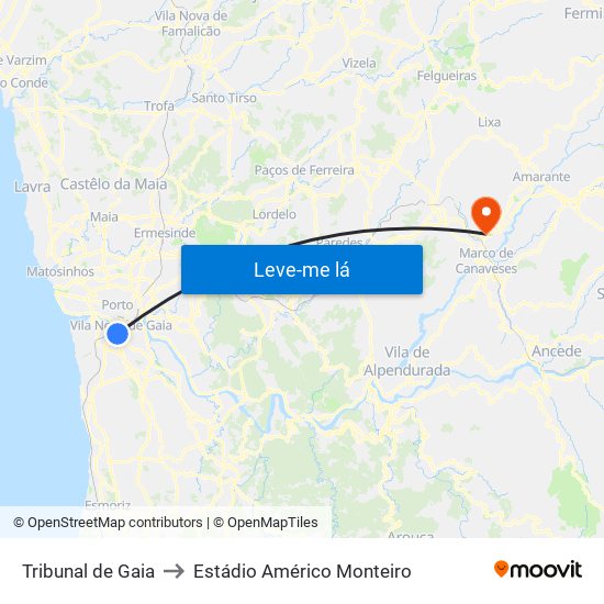 Tribunal de Gaia to Estádio Américo Monteiro map