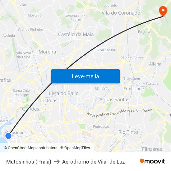 Matosinhos (Praia) to Aeródromo de Vilar de Luz map