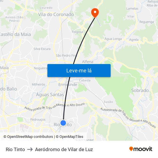 Rio Tinto to Aeródromo de Vilar de Luz map