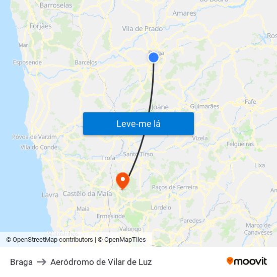 Braga to Aeródromo de Vilar de Luz map