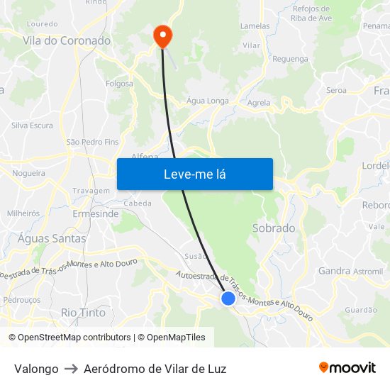 Valongo to Aeródromo de Vilar de Luz map