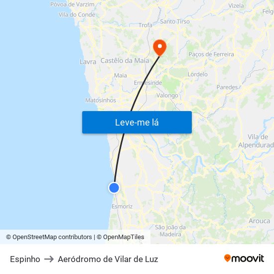 Espinho to Aeródromo de Vilar de Luz map