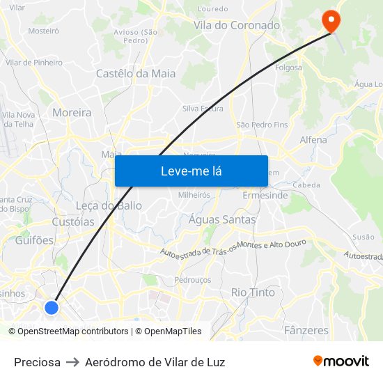 Preciosa to Aeródromo de Vilar de Luz map