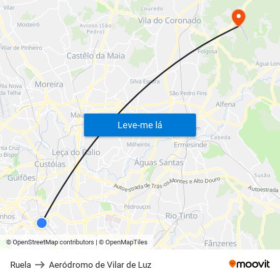 Ruela to Aeródromo de Vilar de Luz map