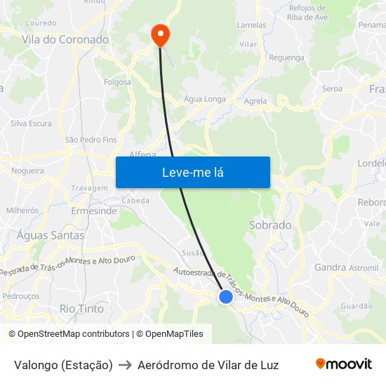 Valongo (Estação) to Aeródromo de Vilar de Luz map