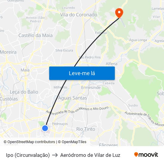 Ipo (Circunvalação) to Aeródromo de Vilar de Luz map