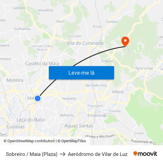 Sobreiro / Maia (Plaza) to Aeródromo de Vilar de Luz map