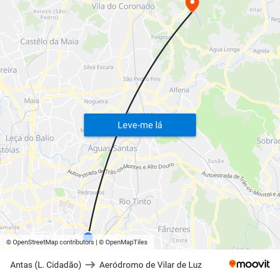 Antas (L. Cidadão) to Aeródromo de Vilar de Luz map