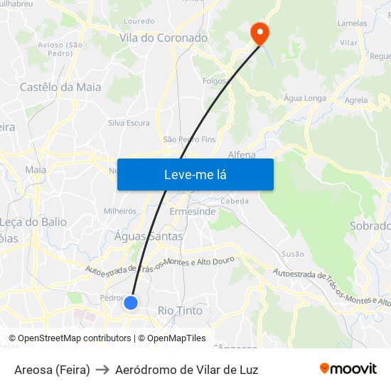 Areosa (Feira) to Aeródromo de Vilar de Luz map