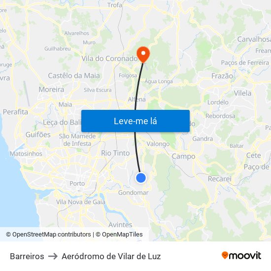 Barreiros to Aeródromo de Vilar de Luz map