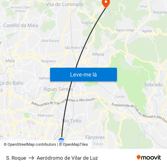 S. Roque to Aeródromo de Vilar de Luz map