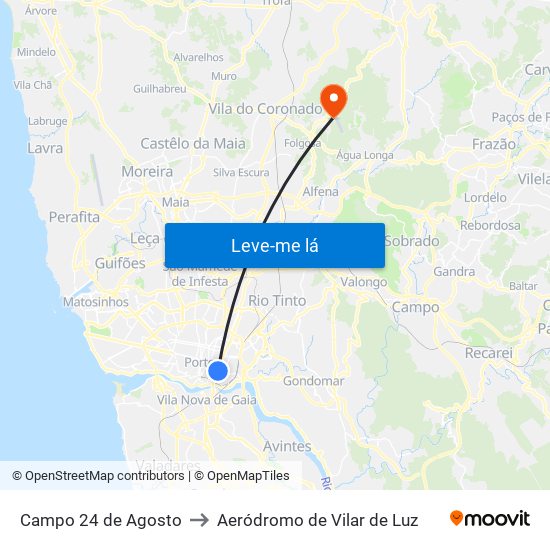 Campo 24 de Agosto to Aeródromo de Vilar de Luz map