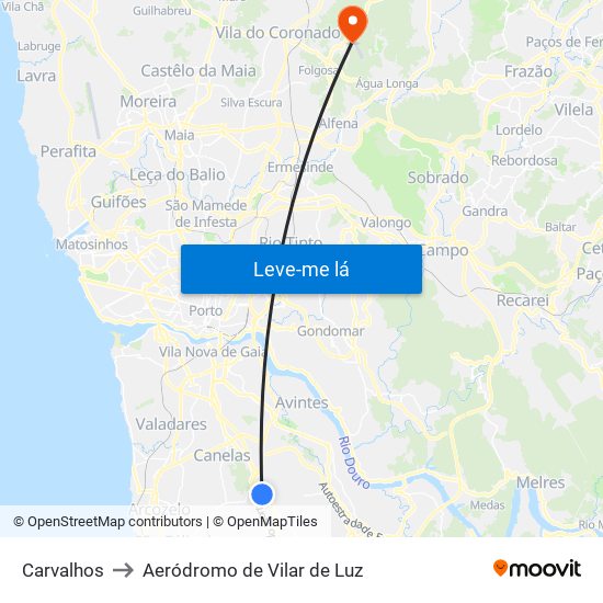 Carvalhos to Aeródromo de Vilar de Luz map