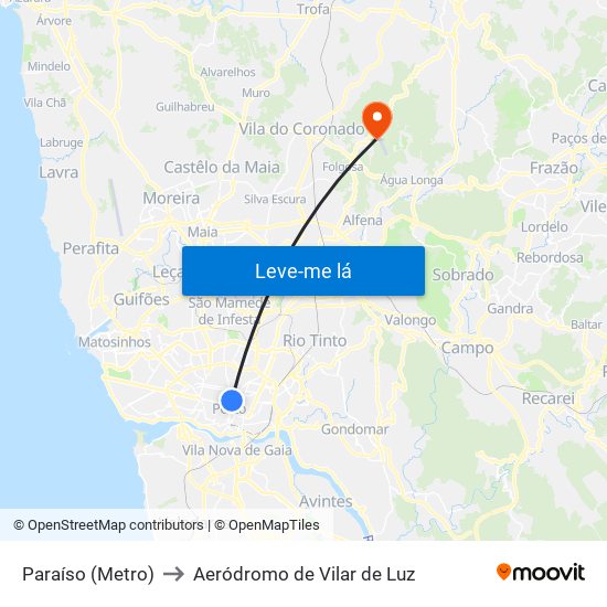 Paraíso (Metro) to Aeródromo de Vilar de Luz map