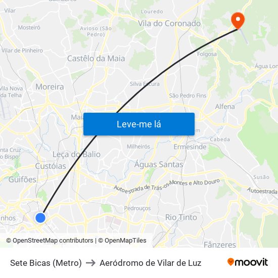 Sete Bicas (Metro) to Aeródromo de Vilar de Luz map