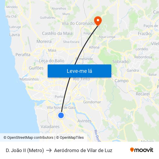 D. João II (Metro) to Aeródromo de Vilar de Luz map