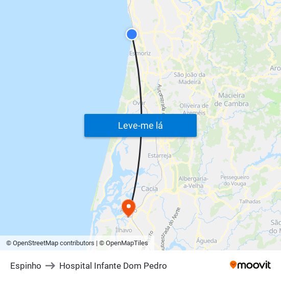 Espinho to Hospital Infante Dom Pedro map