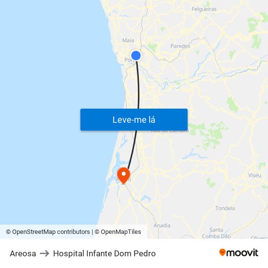 Areosa to Hospital Infante Dom Pedro map