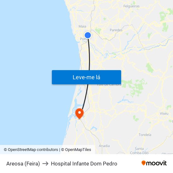 Areosa (Feira) to Hospital Infante Dom Pedro map