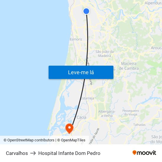 Carvalhos to Hospital Infante Dom Pedro map