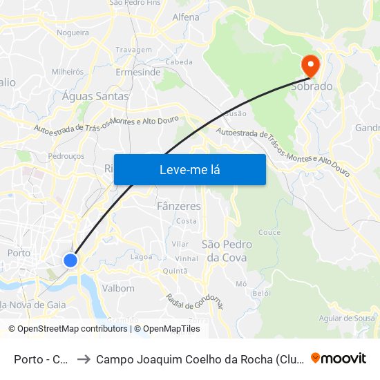 Porto - Campanhã to Campo Joaquim Coelho da Rocha (Clube Desportivo de Sobrado) map
