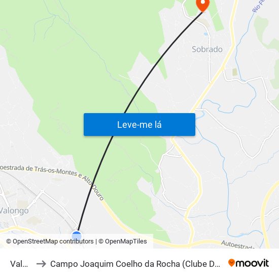 Valongo to Campo Joaquim Coelho da Rocha (Clube Desportivo de Sobrado) map