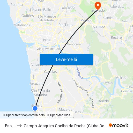 Espinho to Campo Joaquim Coelho da Rocha (Clube Desportivo de Sobrado) map
