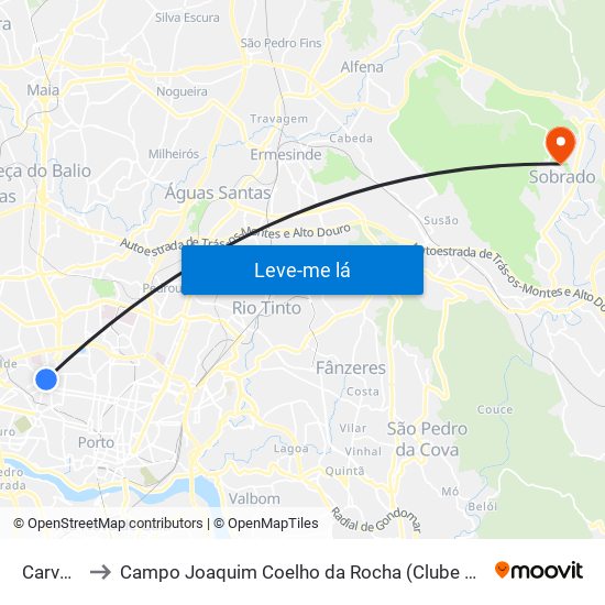 Carvalhido to Campo Joaquim Coelho da Rocha (Clube Desportivo de Sobrado) map