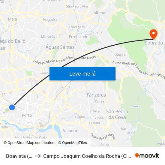 Boavista (Correios) to Campo Joaquim Coelho da Rocha (Clube Desportivo de Sobrado) map