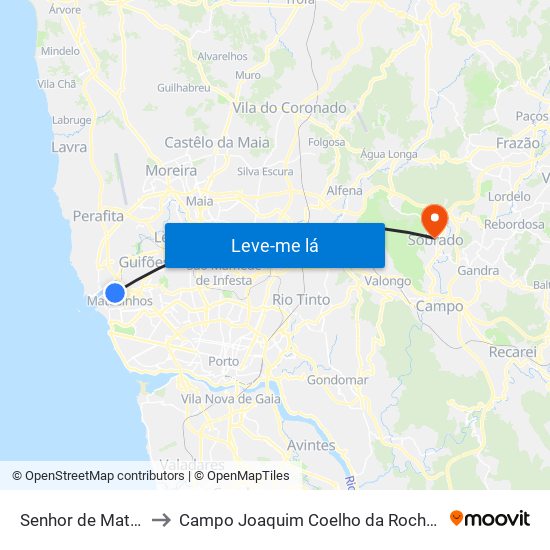 Senhor de Matosinhos (Metro) to Campo Joaquim Coelho da Rocha (Clube Desportivo de Sobrado) map