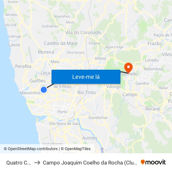 Quatro Caminhos to Campo Joaquim Coelho da Rocha (Clube Desportivo de Sobrado) map