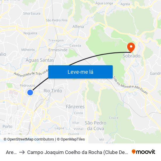 Areosa to Campo Joaquim Coelho da Rocha (Clube Desportivo de Sobrado) map