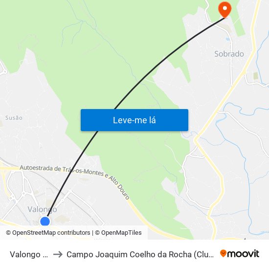 Valongo (Centro) to Campo Joaquim Coelho da Rocha (Clube Desportivo de Sobrado) map