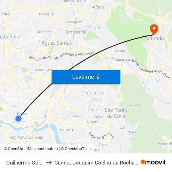 Guilherme Gomes Fernandes to Campo Joaquim Coelho da Rocha (Clube Desportivo de Sobrado) map