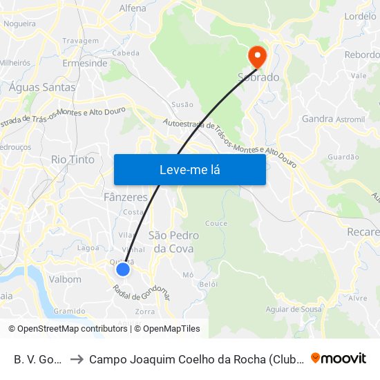 B. V. Gondomar to Campo Joaquim Coelho da Rocha (Clube Desportivo de Sobrado) map