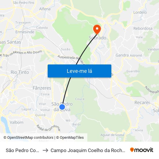 São Pedro Cova (Rio Ferreira) to Campo Joaquim Coelho da Rocha (Clube Desportivo de Sobrado) map