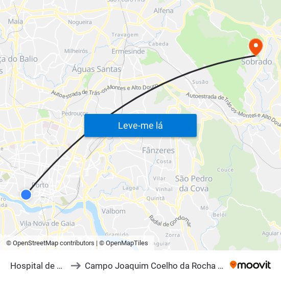 Hospital de Santo António to Campo Joaquim Coelho da Rocha (Clube Desportivo de Sobrado) map