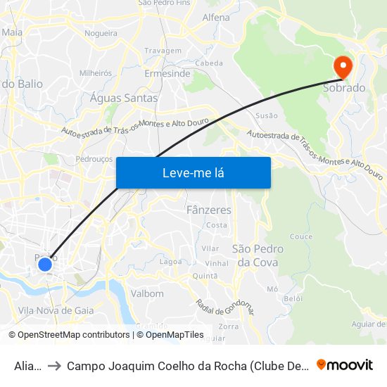 Aliados to Campo Joaquim Coelho da Rocha (Clube Desportivo de Sobrado) map