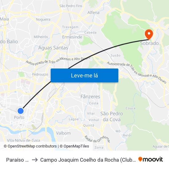 Paraíso (Metro) to Campo Joaquim Coelho da Rocha (Clube Desportivo de Sobrado) map