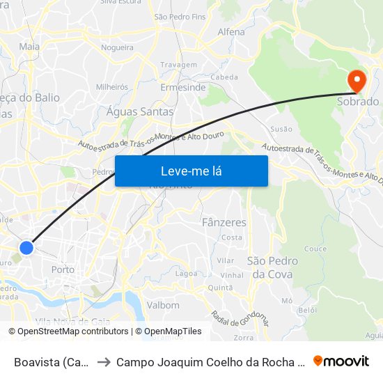 Boavista (Casa da Música) to Campo Joaquim Coelho da Rocha (Clube Desportivo de Sobrado) map
