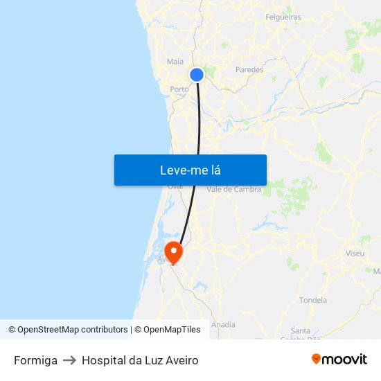 Formiga to Hospital da Luz Aveiro map