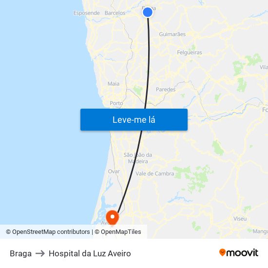 Braga to Hospital da Luz Aveiro map